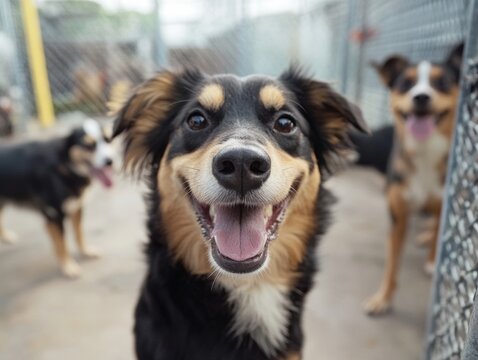 A happy puppy smiling with a chain-link fence behind it, suggesting an animal shelter or outdoor play area.