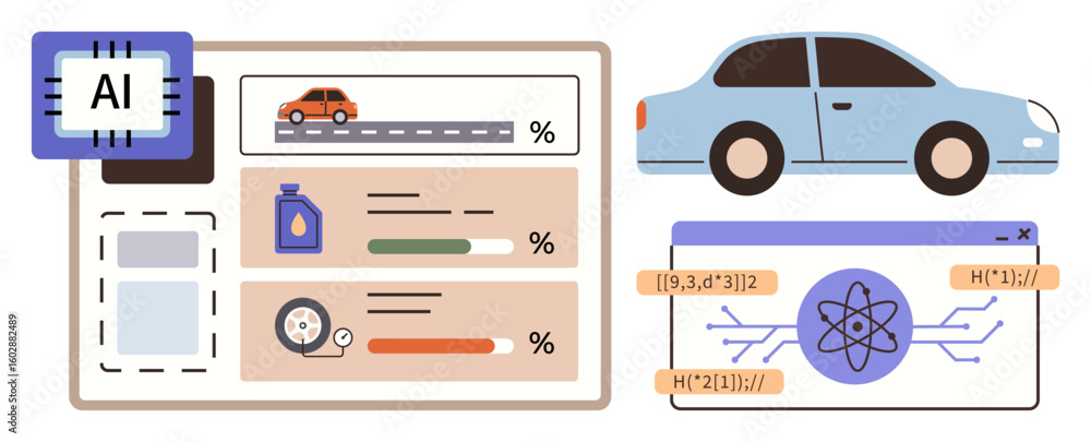 Poster ai-based vehicle analysis interface showing car performance metrics, energy levels, and components o