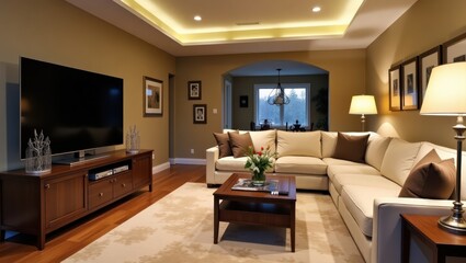 Fototapeta premium Beige sectional sofa and wooden entertainment center in a living room.