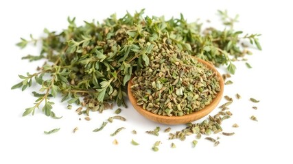 Fresh and Dried Herb Aromatic Thyme Sprigs and Dehydrated Thyme Pieces Displayed in a Small Wooden Bowl