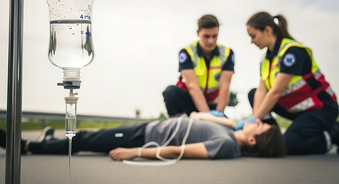 Paramedics administer iv drip to patient lying on ground during emergency