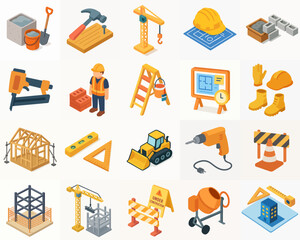 Isometric Detailed Construction Tools and Equipment Element Isolated on White