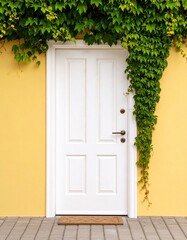 Fototapeta premium white door with lush green vine on a light yellow wall