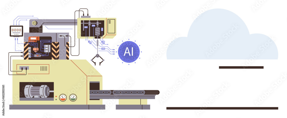 Poster industrial machine with ai integration and conveyor belt transferring data to cloud. ideal for innov