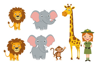 Fototapeta premium Cute Cartoon African Animals and a Park Ranger
