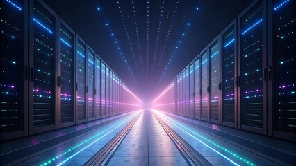Futuristic server room with glowing lights and rows of cabinets technology data