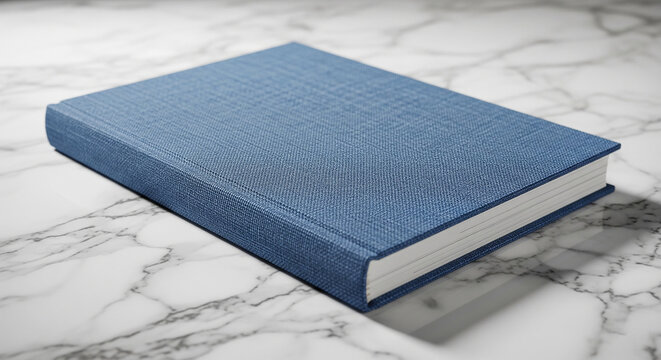 A blue textured hardcover book mockup rests on a polished white marble surface with grey veins.