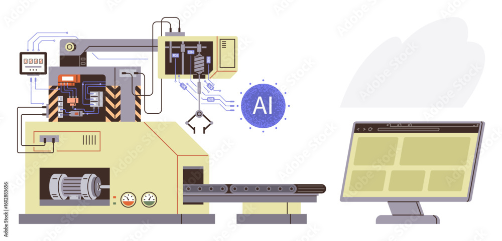 Aufkleber factory machine setup with robotic arm, conveyor belt, ai interface, and computer monitoring. ideal 