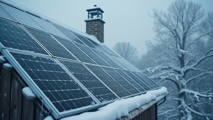 3 rows of solar panels on a house on a winter day in the forest in cloudy weather with low temperatures