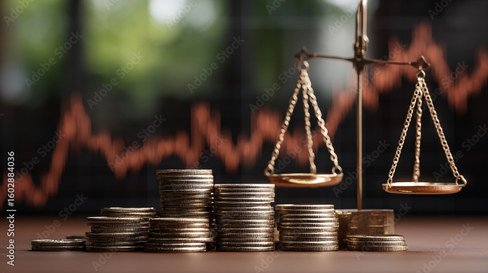 Poster stacks of coins and a balanced scale in front of a financial graph indicating market fluctuations
