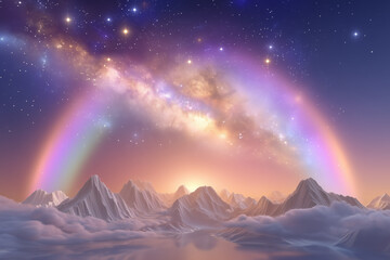 Majestic alien mountains at sunrise with rainbow and glowing galaxy in dreamy pink and lavender tones, fantasy landscape for celestial concept art or background use