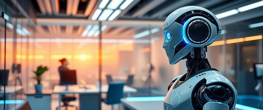 Sleek AI robot in futuristic office, holographic interview,  virtual,  desk