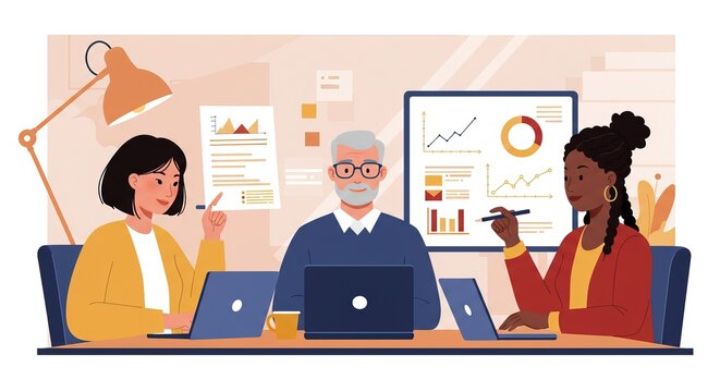 Diverse team collaborates on financial growth strategy in modern office setting