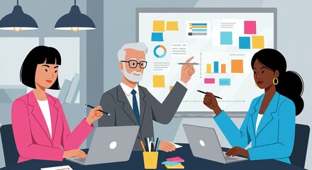 Diverse team collaborates on data analysis and strategy presentation in modern office setting