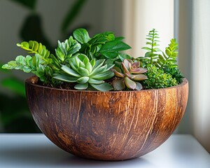 Wooden bowl planter filled with various succulents and greenery