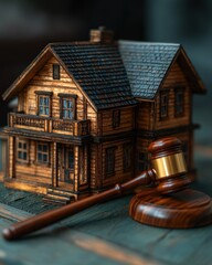 Wooden miniature house model rests beside a gavel, suggesting real estate law or auction