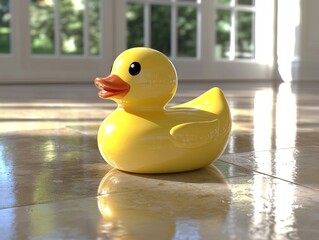 Yellow rubber duck on a tiled floor. Sunlight streams through large windows