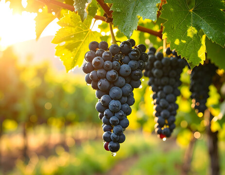 A cluster of black grapes hanging naturally on the vine with visible morning. - Powered by Adobe