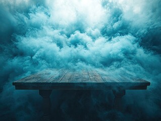 Wooden table, thick teal smoke, dramatic scene