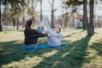 Two women engage in partner yoga on colorful mats in a serene park, practicing balance and fitness...