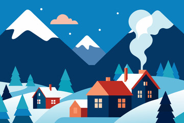 Naklejka premium Winter landscape illustration of cozy houses snowy mountains and evergreen trees