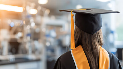 Graduate in cap and gown, tassel swinging. Excitement for the future radiates. Academic success and new beginnings.
