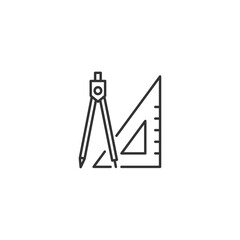 三角定規とコンパスのシンプルな設計アイコン (ベクター、線画、モノクロ)