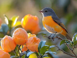 Small bird perched on branch, surrounded by orange blossoms with frost