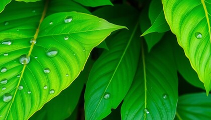 Vibrant green leaf banner with water droplets, lush background,   photography,  nature