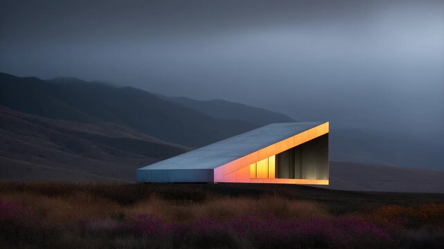 Modern architectural structure illuminated at twilight in a vast mountainous landscape with dramatic sky
