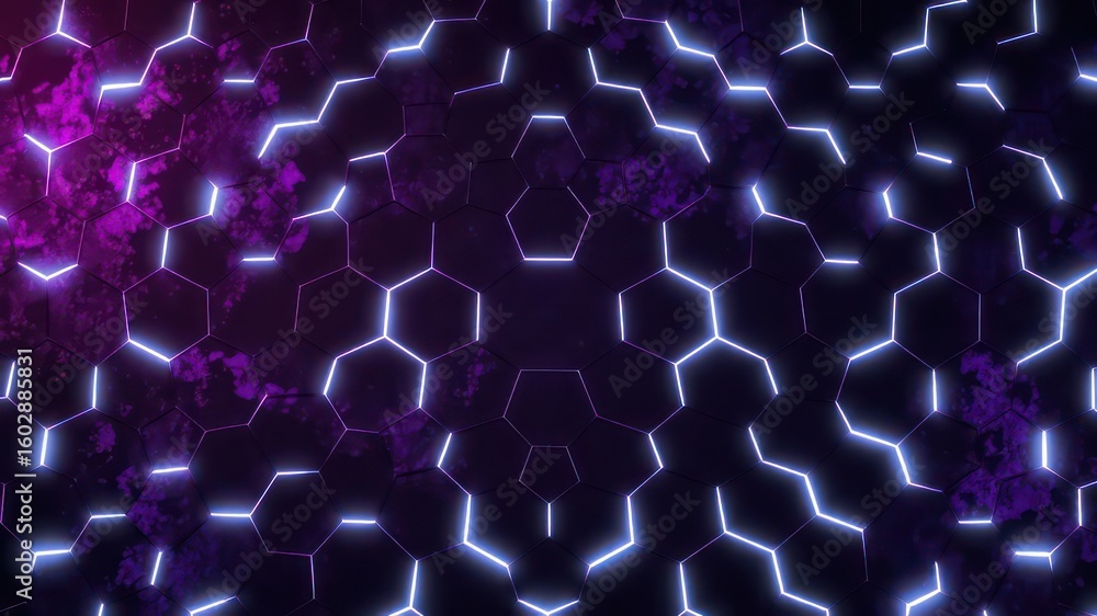 Poster abstract hexagonal mesh with glowing edges in shades of purple and dark background creates a modern 
