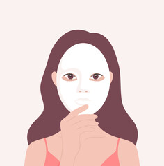 Woman covering her face with a white theater mask. Flat vector illustration