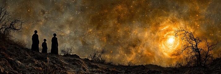 Silhouettes of three figures stand on a desolate hilltop under a dramatic, star-filled, fiery sky