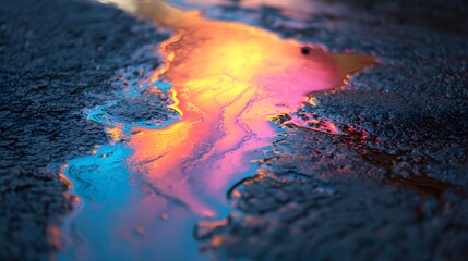 Iridescent puddle on dark pavement reflects vibrant colors creating an abstract and mesmerizing scene of liquid light and shadowed textures outdoors now.