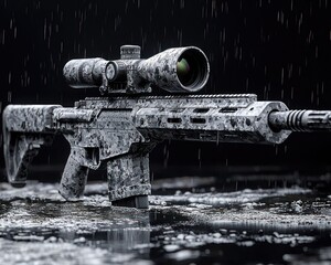 Sniper rifle with camouflage pattern, resting in puddles under rain