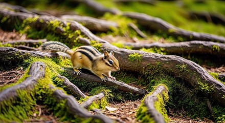 Adorable Chipmunk Exploring Intricate Mossy Tree Roots