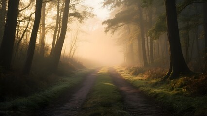 Obraz premium Misty Forest Pathway at Dawn