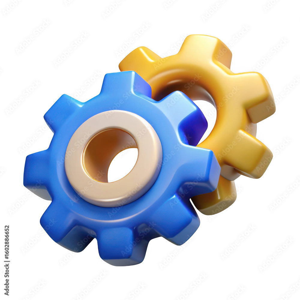 Poster 3d two interlocking gears isolated on transparent background