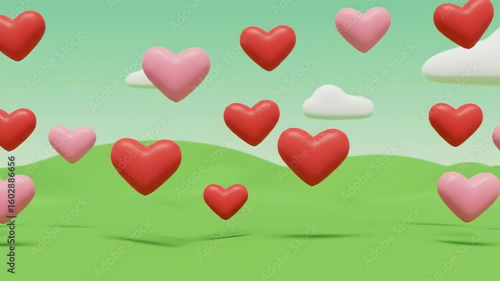 Poster colorful hearts floating in a whimsical landscape with soft clouds and rolling hills in the backgrou