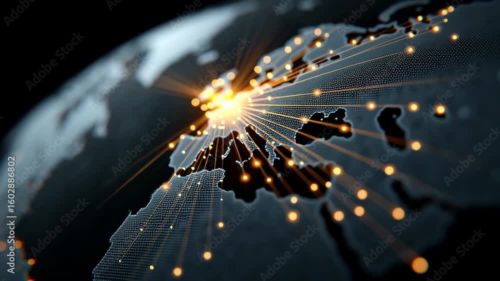 Poster glowing digital connections over a world map in seamless loop animation