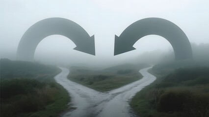 Foggy Landscape with Circular Arrows Over a Split Path