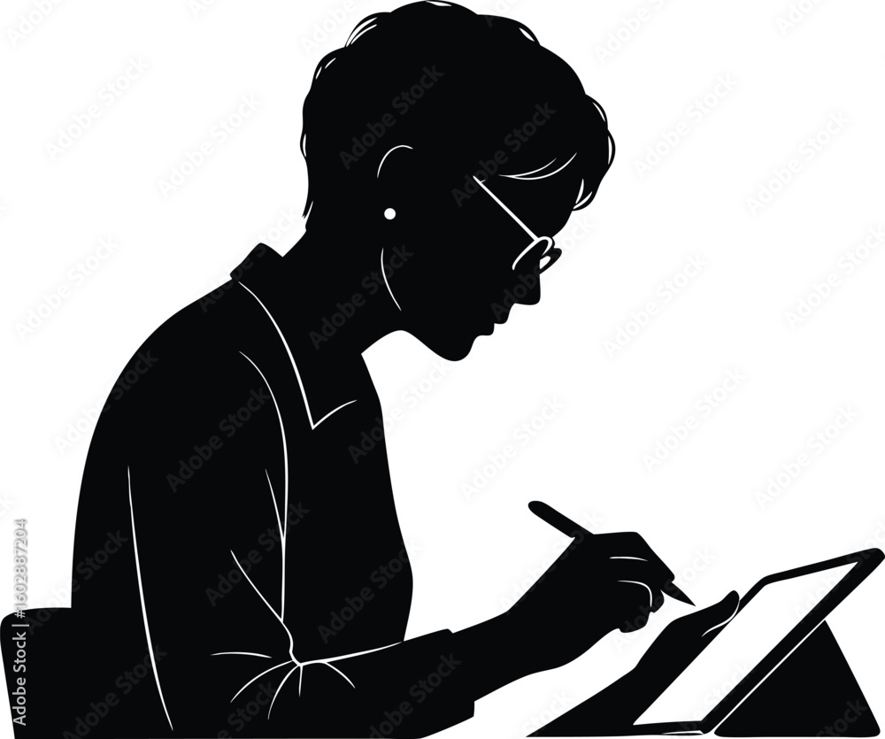 Poster silhouette of a professional woman using a tablet device with a stylus for creative design or digita