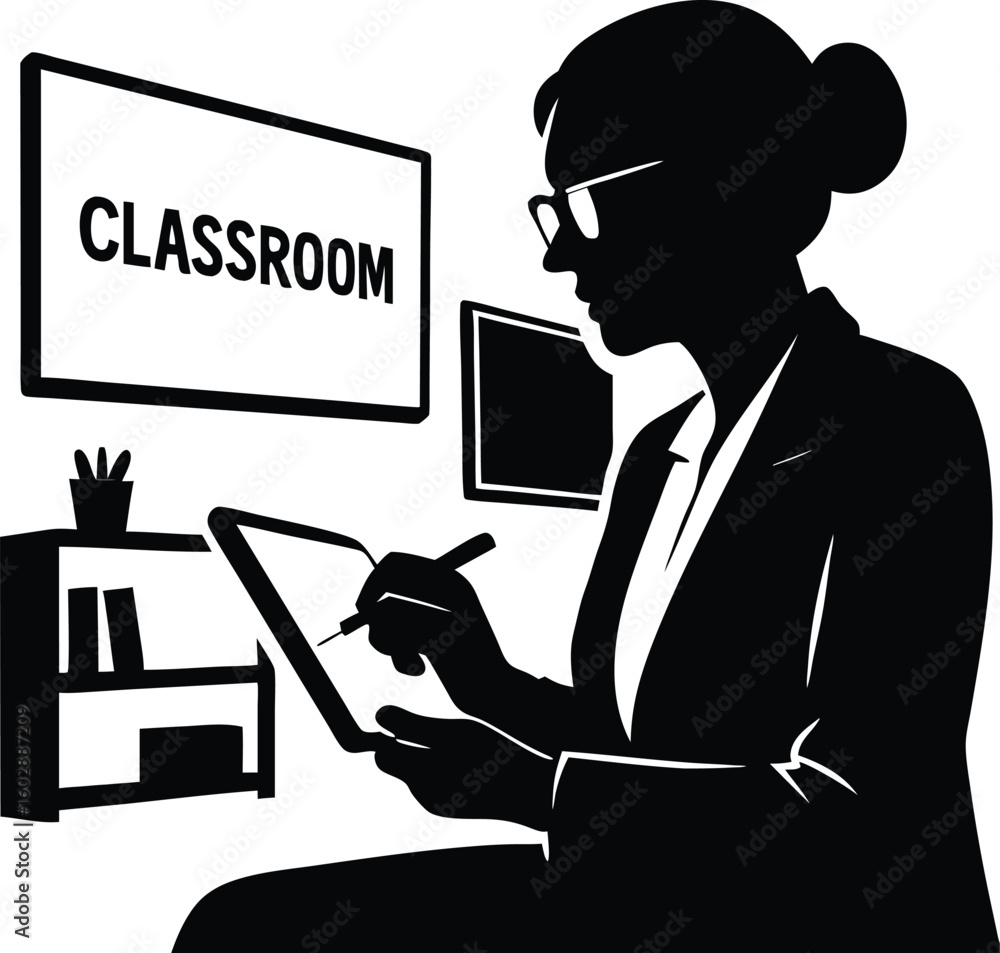 Poster silhouette of a teacher utilizing a tablet in a classroom setting representing education and learnin