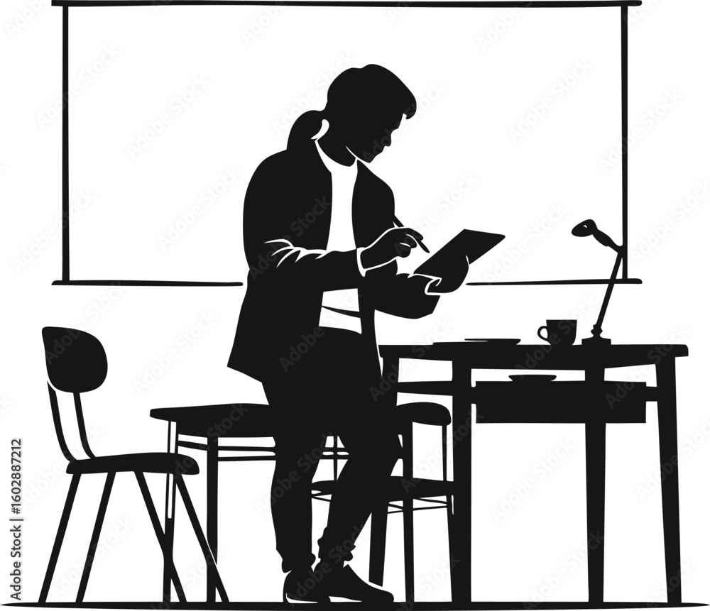 Poster silhouette of a presenter preparing for a conference with a whiteboard table and microphone vector i