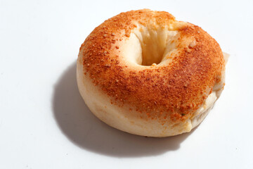 Food Photography - cheese baked bagel on a white background