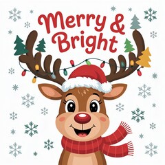 Fototapeta premium Festive and cheerful cartoon reindeer with Santa hat, perfect for holiday greetings and Christmas celebrations.