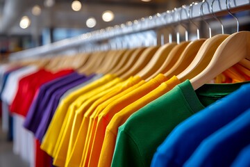 Fototapeta premium Colorful t-shirts hanging on wooden hangers in clothing store display