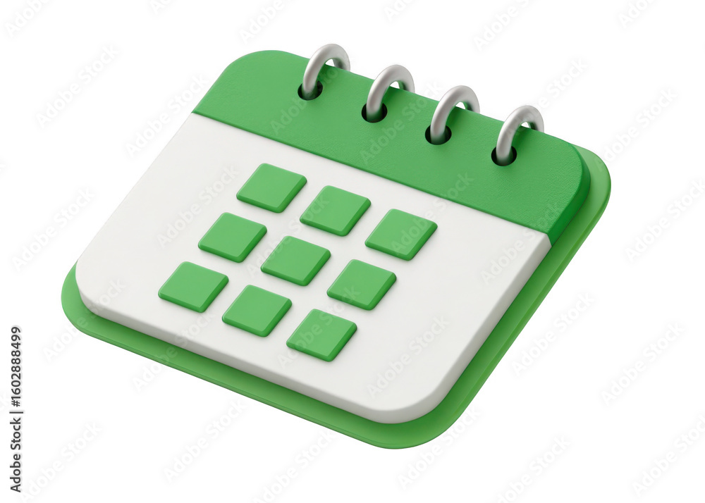 Poster modern 3d calendar icon with green spiral binding isolated on transparent background
