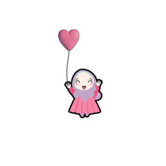 Muslim cartoon girl wearing pink clothes and carrying pink balloons looks very happy