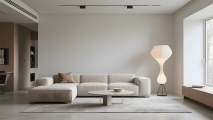 Modern minimalist living room with neutral tones and sleek furniture